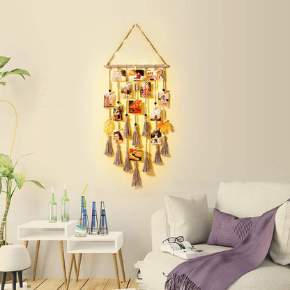 Homecor Hanging Photo Display Wall Decor, Macrame Wall Hanging Boho Room Bedroom Decor, Picture Frame Collage Board with Light 30 Clip, Christmas Teenage Teen Girl Gifts Ages 10 11 12 13 14 Years Old