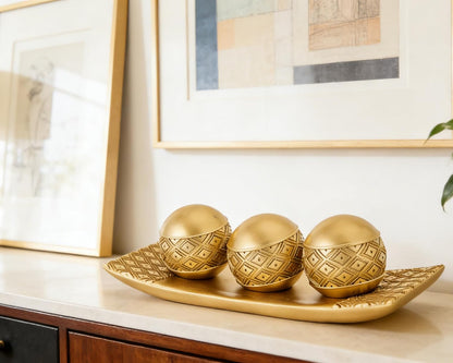 Gold Decorative Orbs with Tray Set, 3Pcs Resin Decorative Balls with Tray, Modern Accent Sphere for Coffee Table, Dining Table, Living Room, Entryway