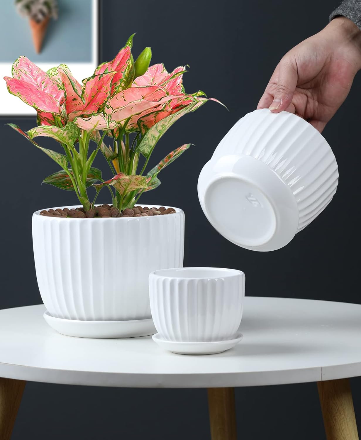 Ton Sin Grey Flower Pots, Texture Planter for Indoor Plants Set of 3 Ceramic Flower Pots with Saucer, Cute Garden Pots Succulent Pots, 6.75/5.6/4.2 Inch, Indoor Outdoor Home Garden Decor