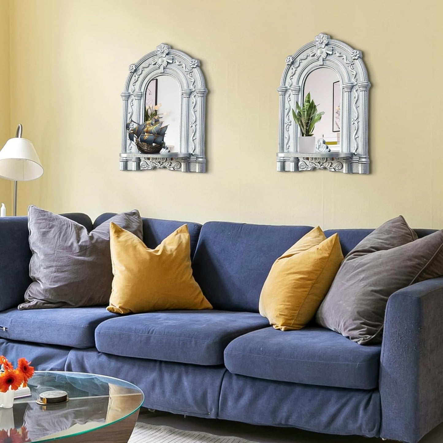 Three-Dimensional Relief Candle Sconces Set 2 Rustic Wall Mount Candle Holders Wood Hanging Wall Decor Mirrored Wall Art Hand Carved Home Decoration Gold