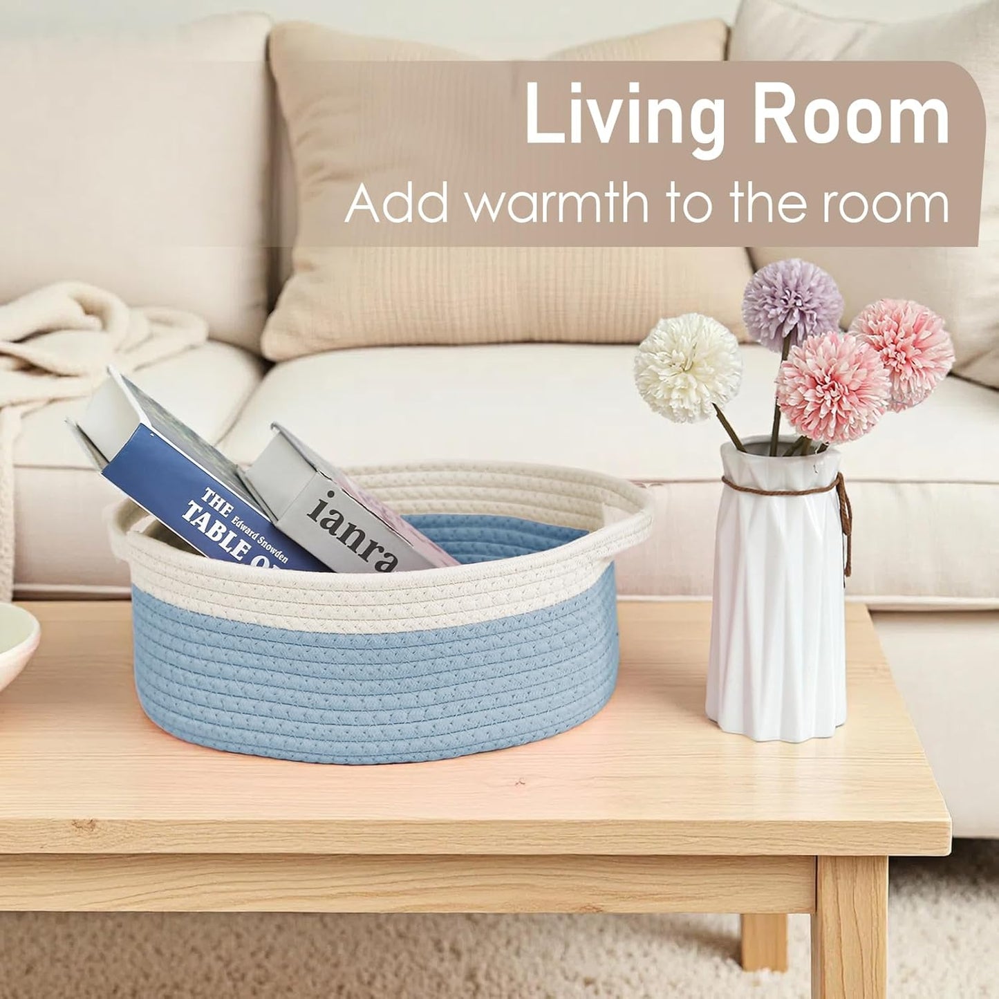JMvicyroam Woven Basket,Small Rope Storage Bin with Handles & Ribbon Bag, Organizer for Shelves Closets,Gift Basket Empty for Birthday,Books,Dog Toys,White