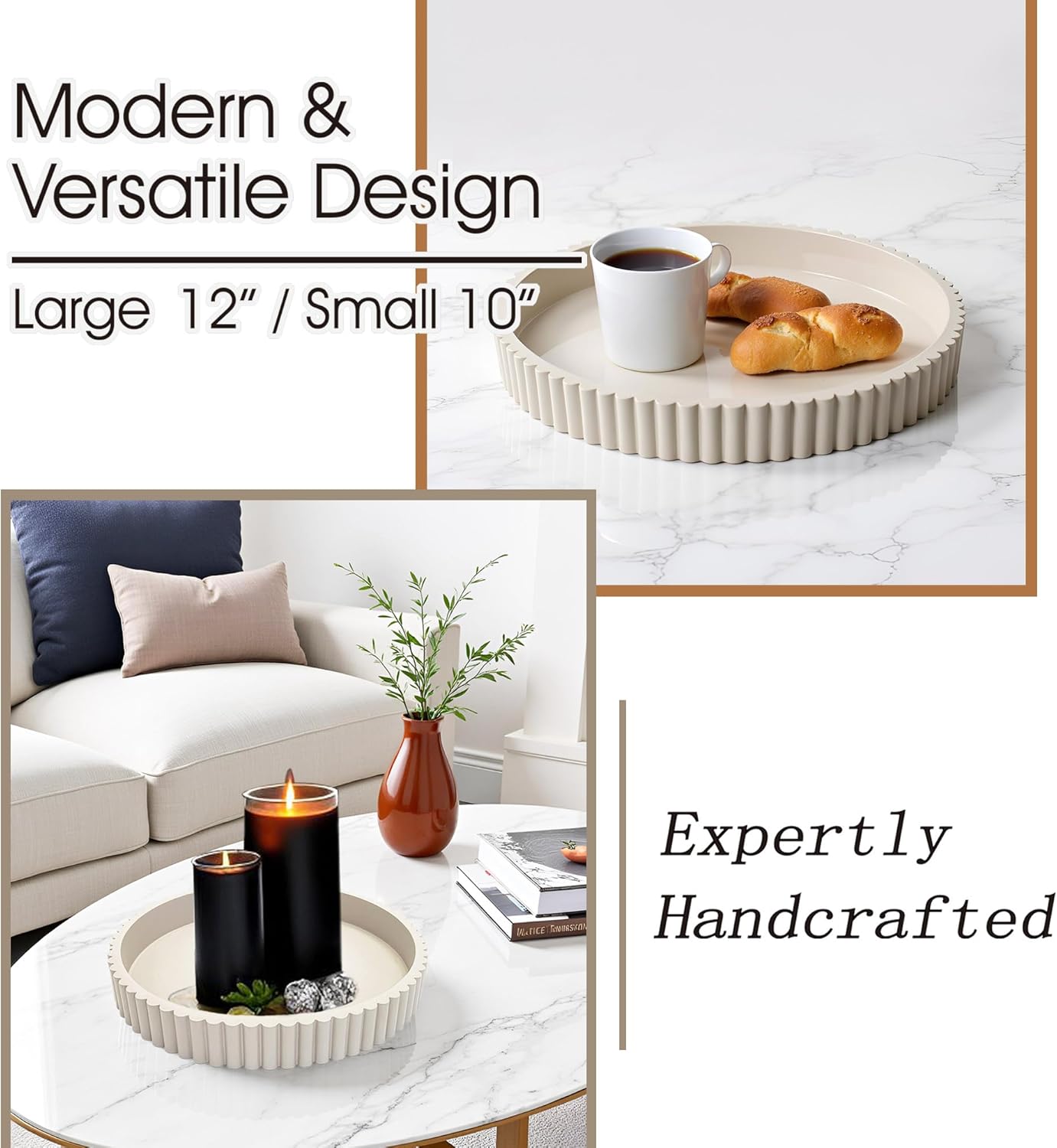 Modern Table Round Decorative Trays 2pcs Home Decor - Circle Coffee Table Centerpiece Set 12"/10" - Wooden Cool Grey Ottoman Tray with Fluted Edge