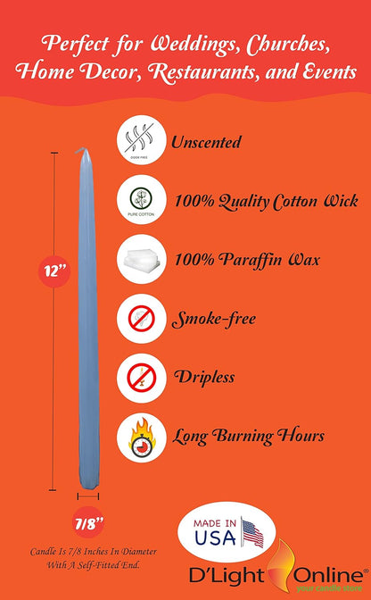 D'light Online White Taper Candles, 10 Inch Premium Quality Candles Hand-Dipped Tapered Candles, Dripless, Smokeless and Unwrapped Bulk Pack for Events - Set of 12 (10 Inch, White)