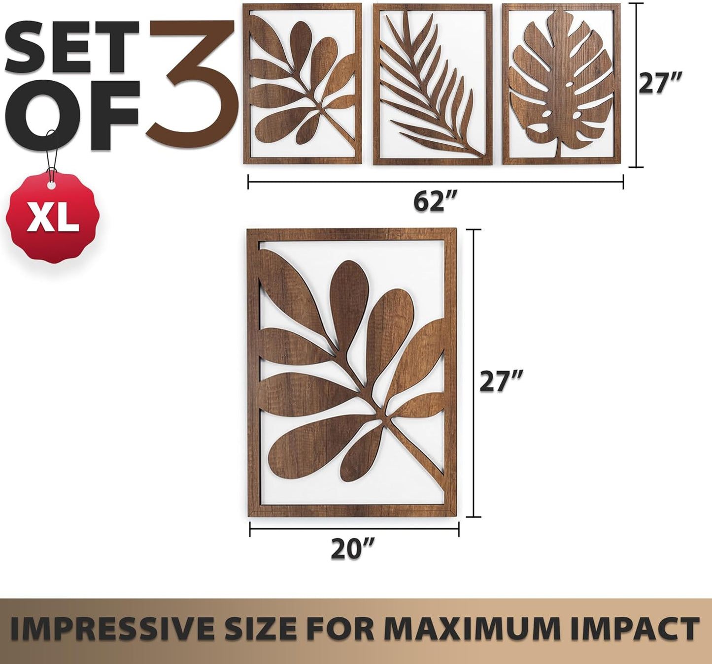 qmmp Modern Wooden Wall Sculptures - Set of 3 - Home Decor Accent - Large Wall Art for Living Room, Bedroom, Office - Easy Installation (Oak, Medium - Mountain and Sun)