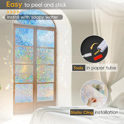 Dwersty Rainbow Window Privacy Film with Cutting Reference Line, 3D Decals Stained Glass Clings, Static Cling Sticker, Suncatcher Windows Cover Tint for Home, 17.5 Inch x 78.74 Inch