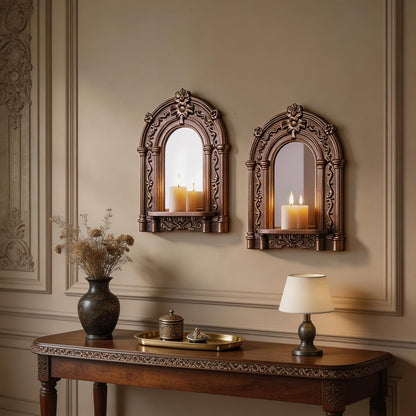 Three-Dimensional Relief Candle Sconces Set 2 Rustic Wall Mount Candle Holders Wood Hanging Wall Decor Mirrored Wall Art Hand Carved Home Decoration Gold