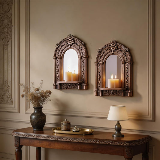 Three-Dimensional Relief Candle Sconces Set 2 Rustic Wall Mount Candle Holders Wood Hanging Wall Decor Mirrored Wall Art Hand Carved Home Decoration Gold
