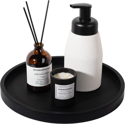 Silicone Bathroom Tray Round Vanity Tray Decorative Soap Holder Kitchen Countertop Organizer Coffee Table Decor for Candle, Perfume, Plant, 9 Inch, Black