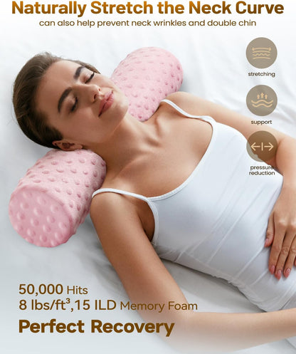 Memory Foam 4" Round Pillow, Cervical Neck Pillow for Pain Relief, Cylinder Pillows 18"x 4", Removable Cover, Neck Roll Pillow for Sleeping, Velvet Dots, Pink