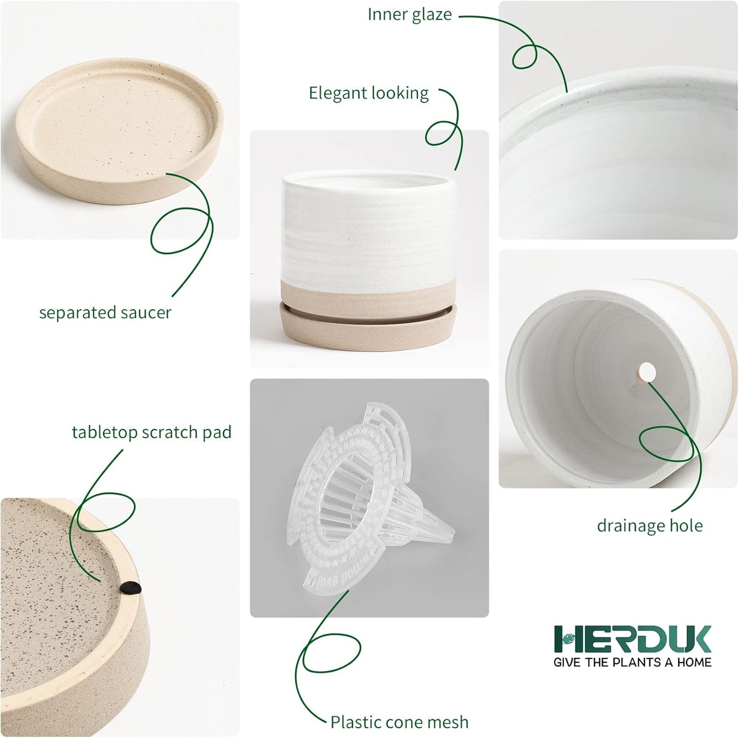 HERDUK 6 Inch Plant Pots, Ceramic Planter Pot with Drainage Hole & Saucer, Indoor/Outdoor Cylinder Round Planter Pot, Green & Beige
