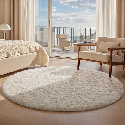 Ophanie Round Rugs 5Ft Ivory Circle Area Rug, Nursery Room Decor, Christmas Aesthetic Bedroom Home Circular Carpet 5 Foot, Fluffy Fuzzy Shag Plush Cream Living Room Rugs for Kids Boys Girls Teen Baby