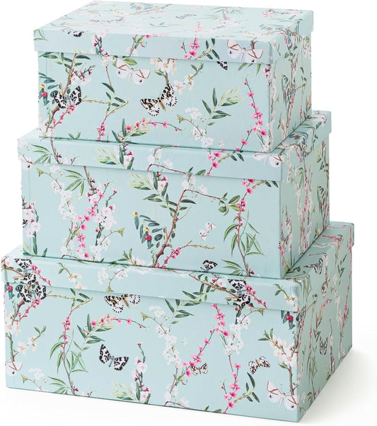 Soul & Lane Decorative Cardboard Storage Boxes with Lids for Home Decor and Organization, Set of 3 Large Keepsake Boxes for Memories & Gifts, Nesting Floral Photo Storage Containers, Purple Passion