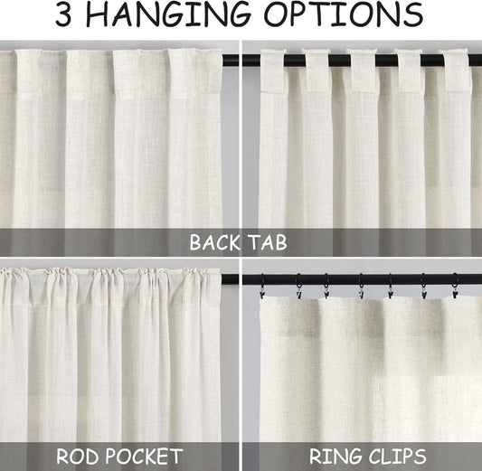 Cream Linen Back Tab Curtains 84 Inch Length for Living Room 2 Panel Set Neutral Modern Farmhouse Window Privacy Semi Sheer Linen Drapes Rustic Pinch Pleated Look Curtain Natural Ivory Colored - Colors F