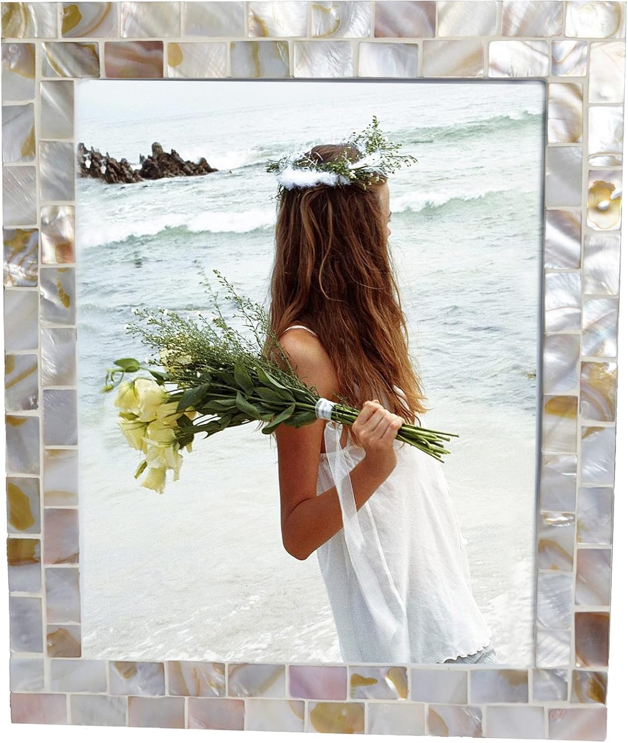 Silver Plate Picture Frame 5x7 Mother of Pearl 5 by 7 Photo Frame Mosaic Glass Tabletop Frame (Grey+ White,1pc)