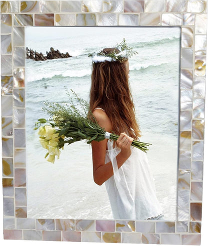 Silver Plate Picture Frame 5x7 Mother of Pearl 5 by 7 Photo Frame Mosaic Glass Tabletop Frame (Grey+ White,1pc)