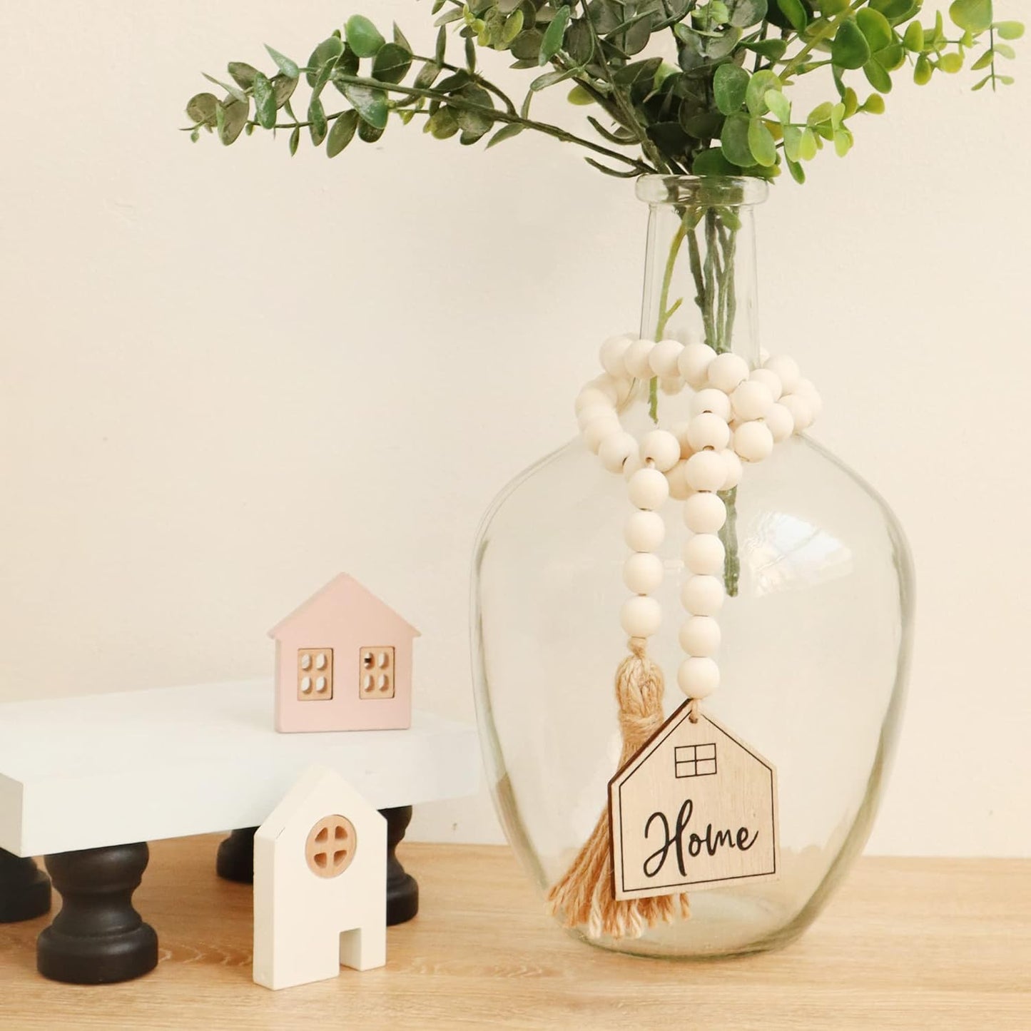Meplait Love Wooden Bead Garland with Tassel, Decorative Beads Home Decor Farmhouse Tassel Garland Boho Decor for Tiered Tray（38in）