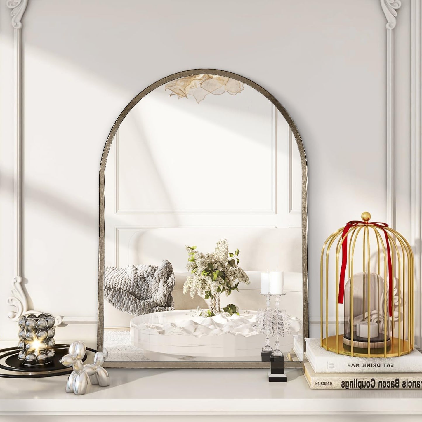 Black Arched Mirror, Modern Bathroom Wall Mirror Aluminum Alloy Framed Mirror Brushed Metal Vanity Wall Mounted Mirror for Livingroom Bedroom Entryway Room 16"x12"