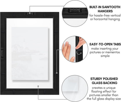 Americanflat 8x10 Floating Picture Frame with Polished Crystal-Clear Glass - Use as 5x7 Picture Frame or Display 4x6 Photo - Signature Float Collection - Photo Frames for Tabletop or Wall - Black