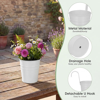 HowRU Metal Iron Flower Pots for Railing Fence Hanging Bucket Pots(5 Pcs) and Hanging Flower Pots Metal Iron Bucket Planter(10 Pcs) (Black)