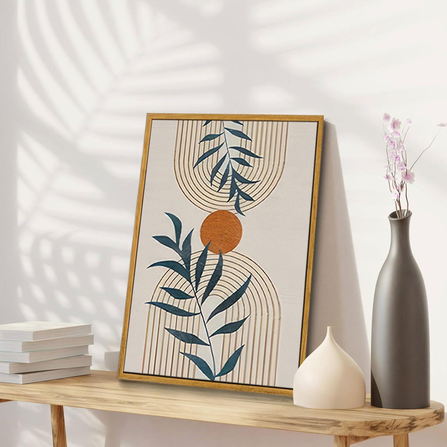 Bwodke Boho Wall Art, Framed Abstract Wall Art, Green Botanical Neutral Canvas Wall Decor, Large Mid Century Plant Pictures Set of 3, Modern Minimalist Paintings, for Bedroom Living Room Bathroom