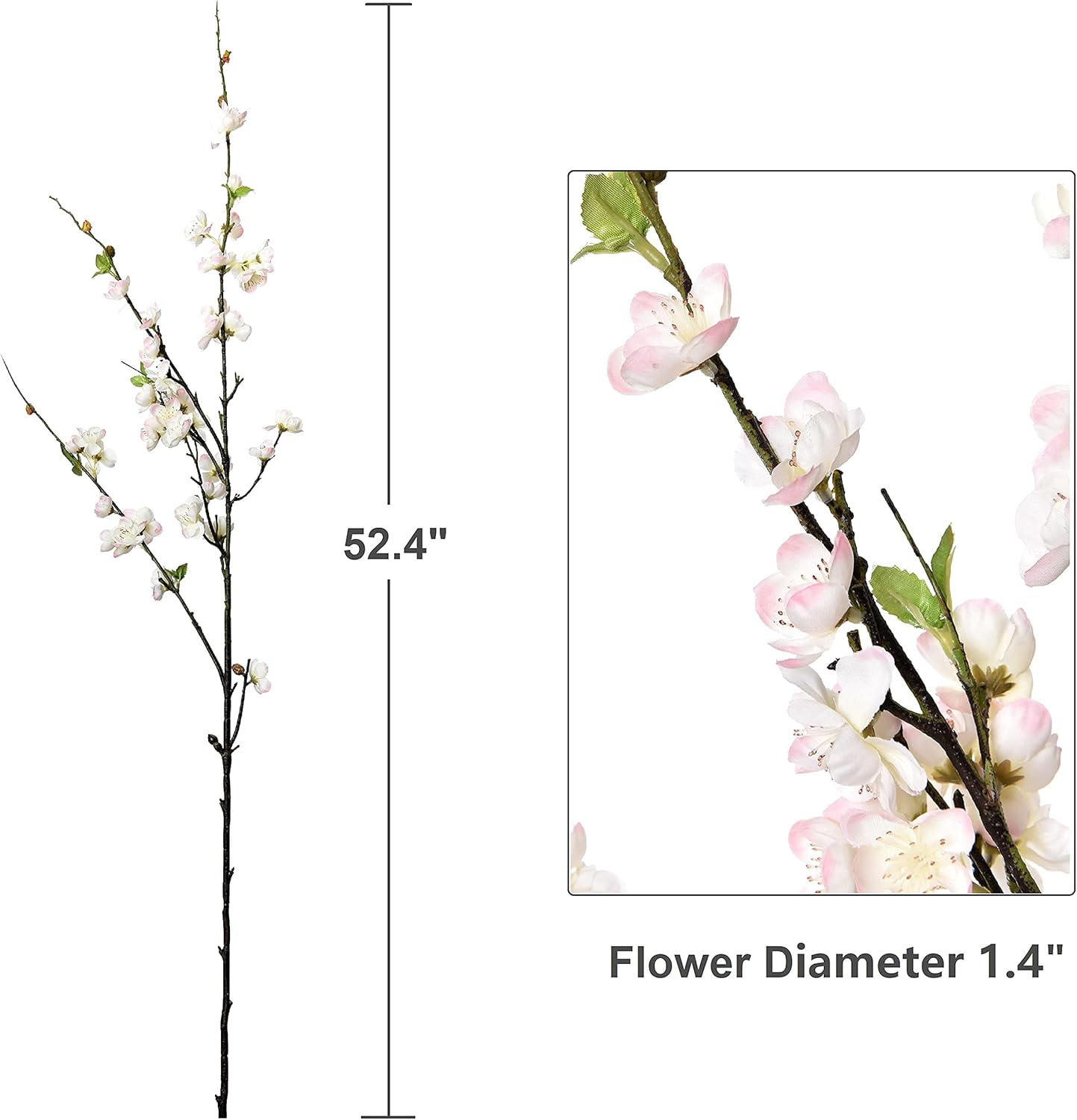 florisso 6 PCS Artificial Cherry Blossom Branches Spring Indoor Decoration, Faux Flowers 34.45" Long Stems Plum Fake Peach Plants Real Touch Silk for Wedding Home Bedroom Party Table Office, White