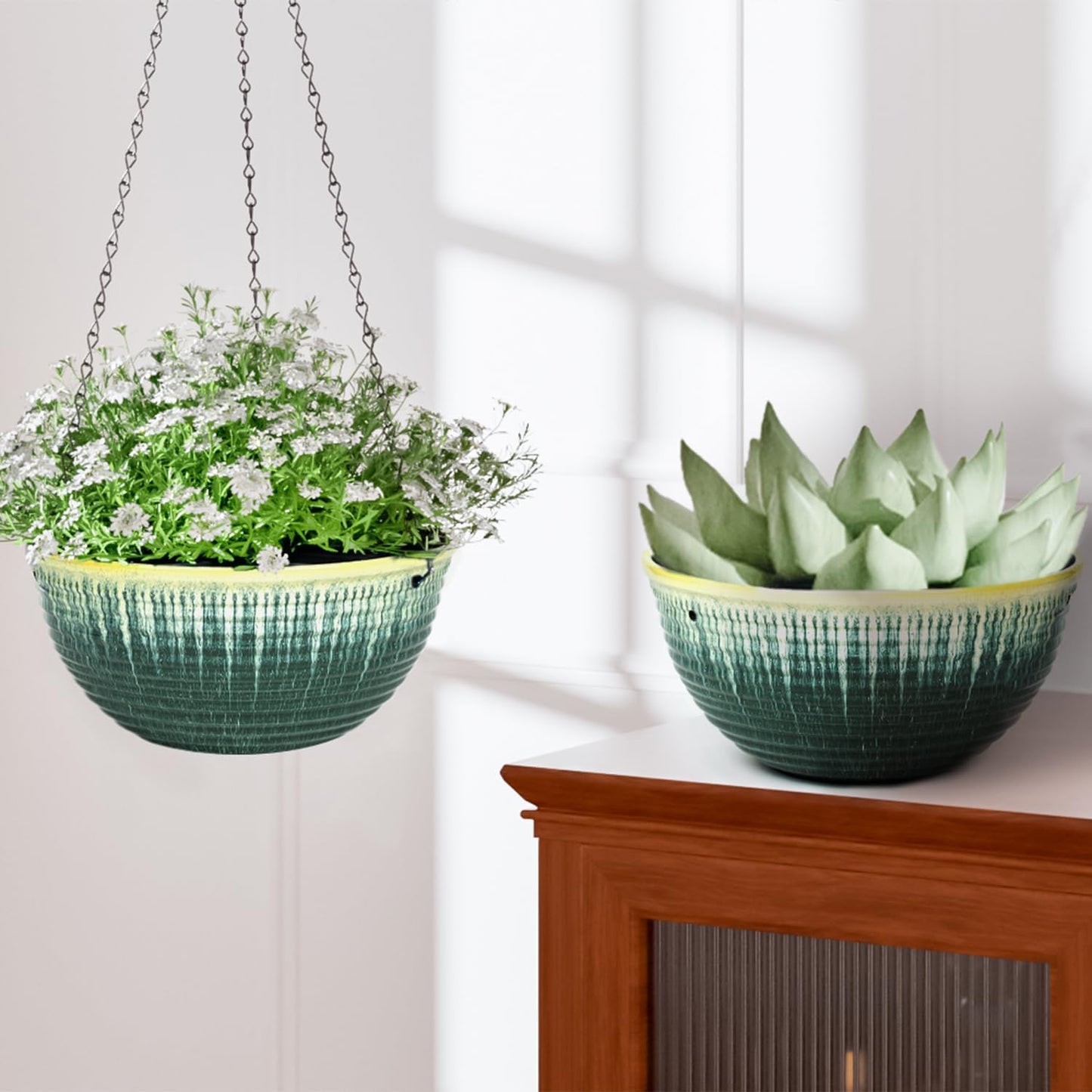 12 inch Large Hanging Planters for Indoor Outdoor Plants, Set of 2 Glazed Hanging Flower Pots with Drainage Hole, Hanging Baskets for Garden Home Porch Decor