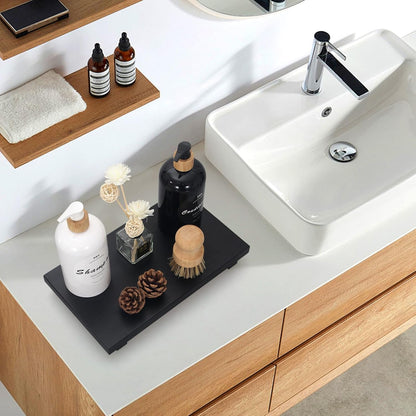 Black Bathroom Vanity Organizer Tray for Countertop Small Wooden Pedestal Stand Farmhouse Kitchen Sink Tray Decorative Hand Soap Dish Dispenser Holder Wood Risers Modern Bathroom Decor Accessories