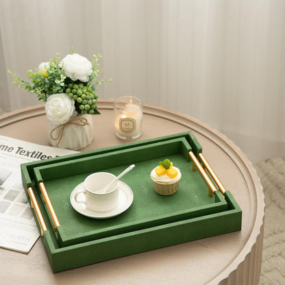 Modern Decorative Tray Set of 2 Ivory Shagreen Leather and Wood Serving Tray with Gold Polished Metal Handles for Ottoman, Coffee Table, Bathroom and More