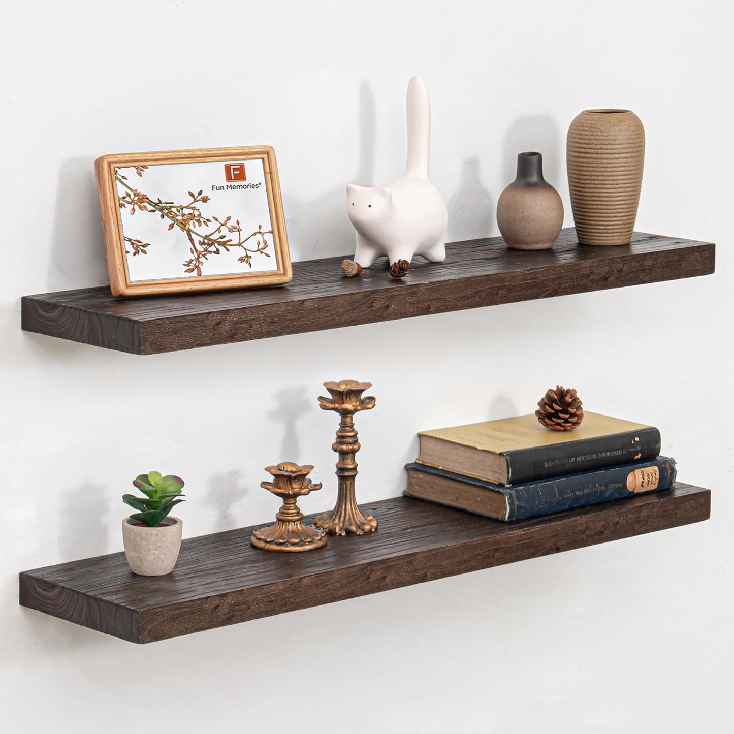 Floating Shelves 36 Inches Long - 8 Inch Deep Rustic Premium Solid Pine Wood for Storage - Farmhouse Wall Mounted for Living Room - Heavy-Duty Metal Bracket - 36" W x 8" D - Set of 2 - White Color