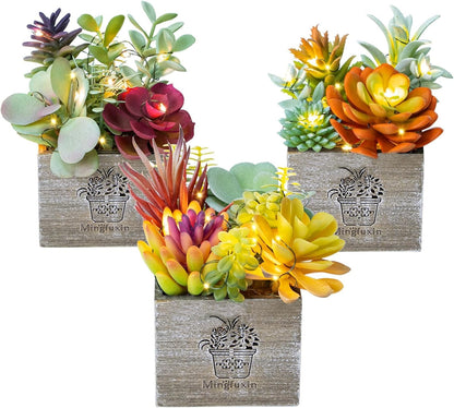 Succulent Plants Artificial, 3 Pack Small Fake Plants in Wood Pot for Home Decor, Farmhouse Artificial Plants Indoor for Living Room Bathroom Bedroom Office Kitchen Desk Wedding Coffee Table Decor