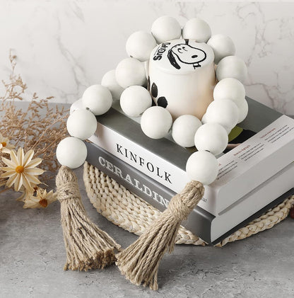 Farmhouse Decor Large Wood Bead Garland 50inch long with 1.6" Diameter beads, Natural Wooden Beads Decor with Tassels Decorative Boho Country Decoration for Coffee Table Home Tiered Tray Wall Hanging