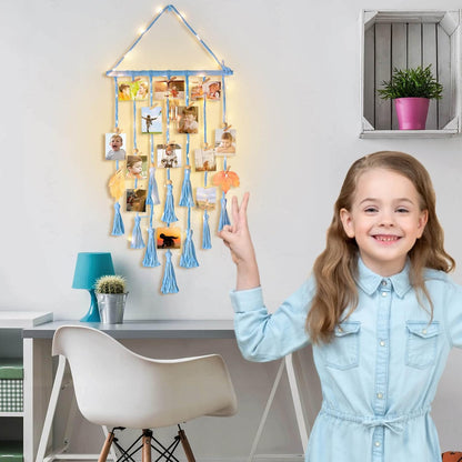 Homecor Hanging Photo Display Wall Decor, Macrame Wall Hanging Boho Room Bedroom Decor, Picture Frame Collage Board with Light 30 Clip, Christmas Teenage Teen Girl Gifts Ages 10 11 12 13 14 Years Old