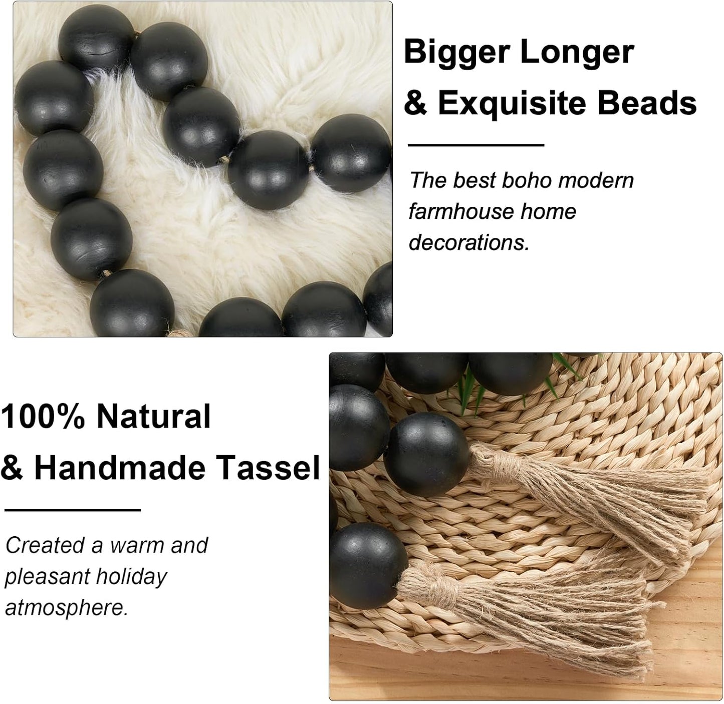 OMISHE Extra Large Wood Bead Garland with 2" Diameter Wooden Beads, 25.5" Long Rustic Farmhouse Decorative Wooden Beads Garland with Tassels, Boho Decorations for Home Table Mantle, Black