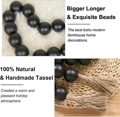 OMISHE Extra Large Wood Bead Garland with 2" Diameter Wooden Beads, 25.5" Long Rustic Farmhouse Decorative Wooden Beads Garland with Tassels, Boho Decorations for Home Table Mantle, Black