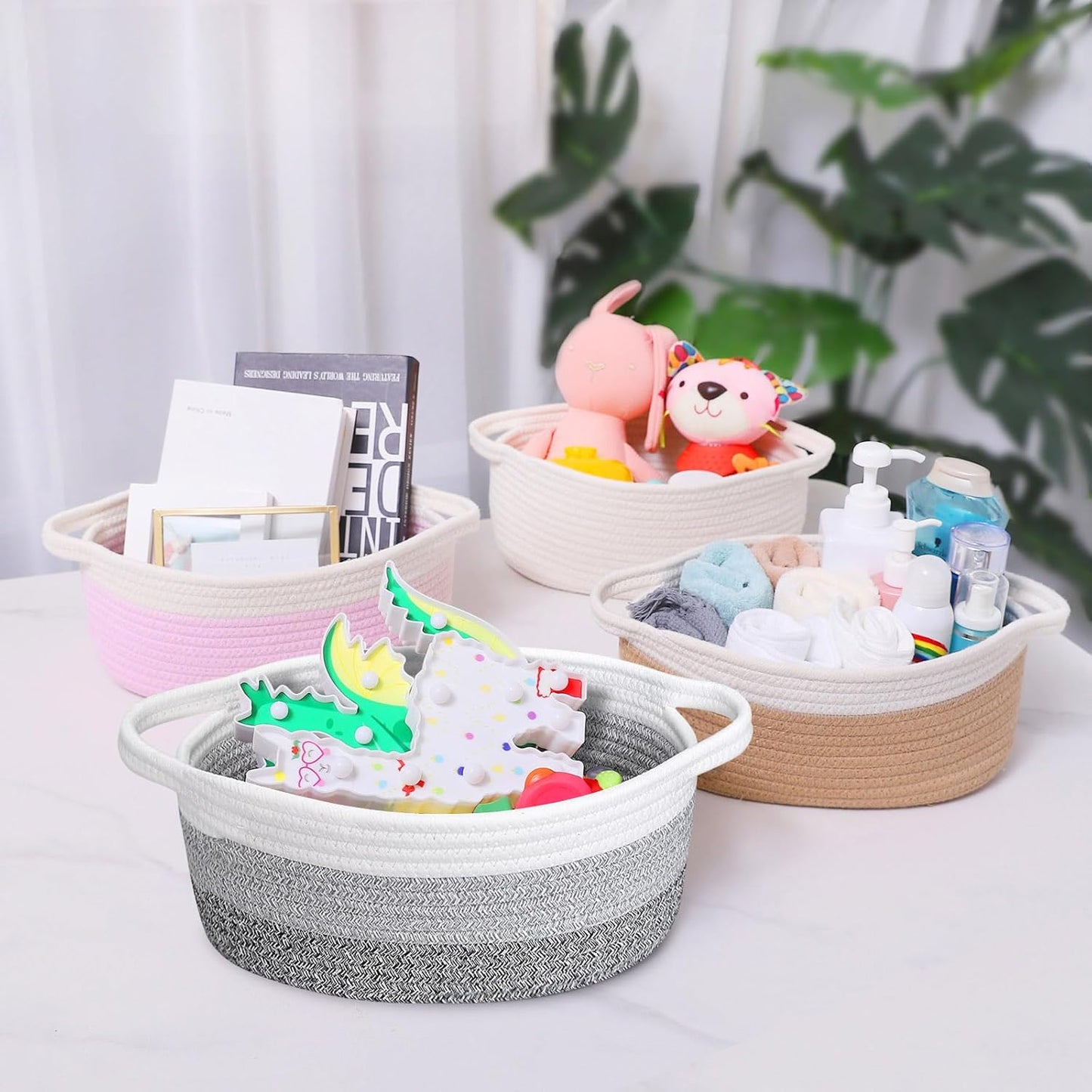 ABenkle Small Basket with Handles, Boho Decorative Rope Woven Dog Cat Toy Storage Bin Shelf Storage Organizer, Easter Christmas Gift Basket, 12"x8"x5", White