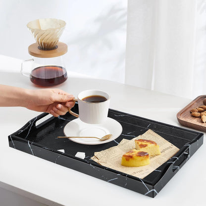 MDLUU Plastic Serving Tray, Ottoman Tray with Cutout Handles, Rectangle Butler Tray for Breakfast in Bed, Coffee Table Decor, Party (Black)