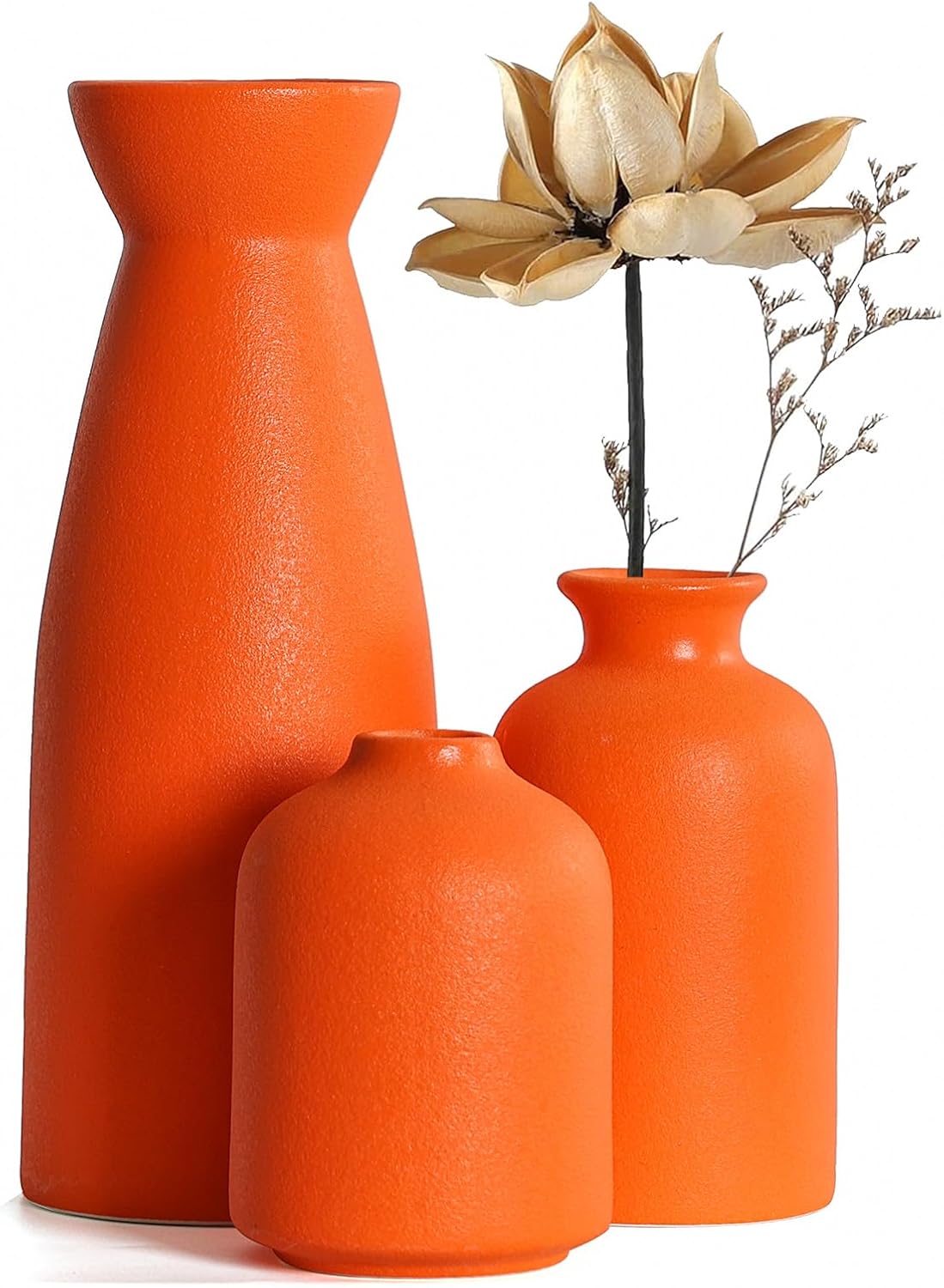CEMABT Beige Ceramic vase Set-3 Small Flower vases for Decor,Modern Boho Farmhouse Home Decor,Decorative vase for Pampas Grass&Dried Flowers,idea Shelf,Table,Bookshelf ，Entryway- Distressed