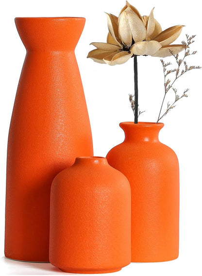 CEMABT Beige Ceramic vase Set-3 Small Flower vases for Decor,Modern Boho Farmhouse Home Decor,Decorative vase for Pampas Grass&Dried Flowers,idea Shelf,Table,Bookshelf ，Entryway- Distressed