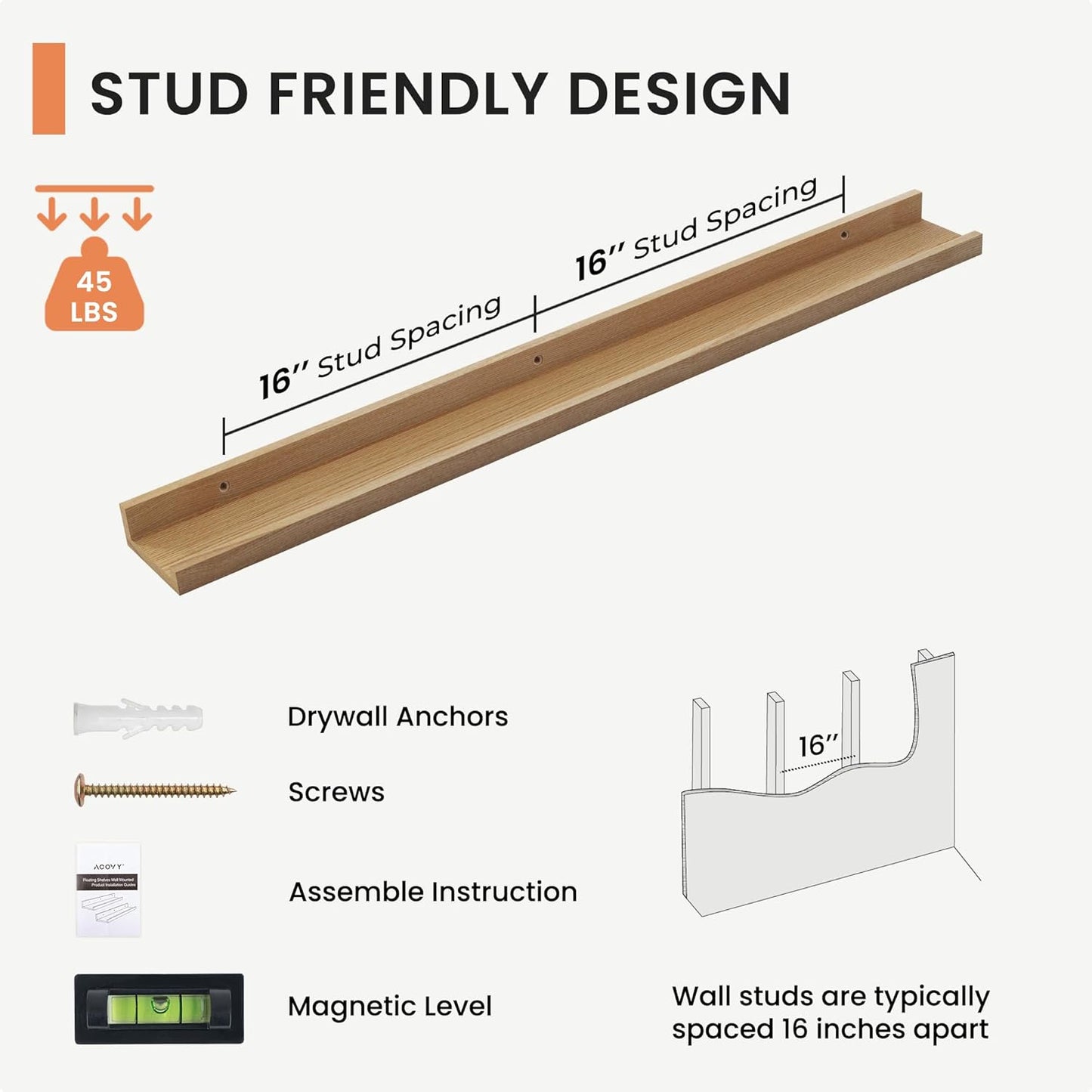 FLYJOE Picture Ledge Shelf, Floating Shelves Set of 2, Solid Pine Wood 55'' Long Large Nursery Book Shelves for Toys Storage, Kids Bookshelf for Living Room Bedroom Decor Books Photo Frames, Walnut