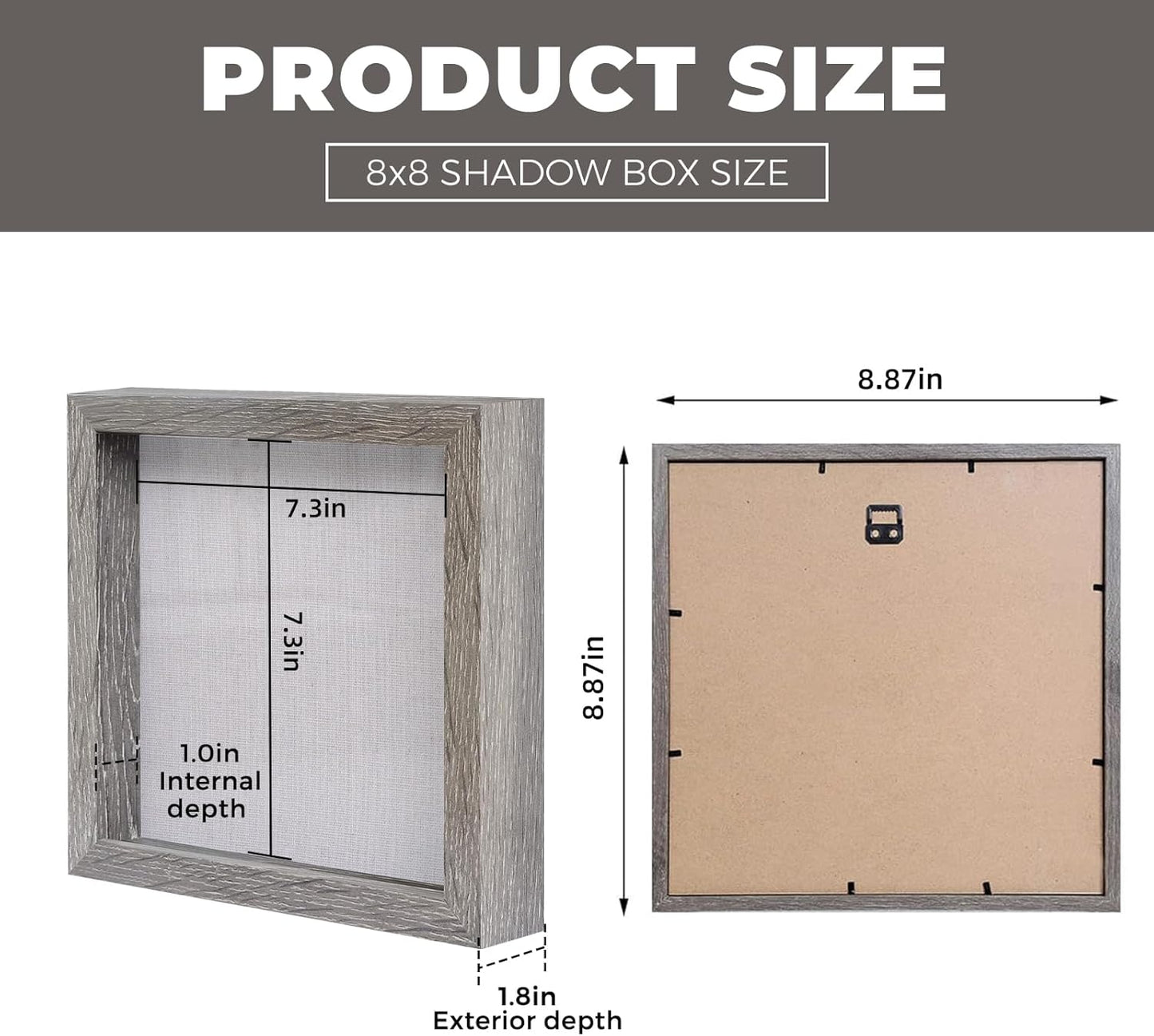 Muzilife 8x8 Shadow Box Picture Frame with Linen Board - Deep Wood & Glass Display Case Ready to Hang Memory Box Baby Sports Memorabilia, Pins, Awards, Medals, Wedding, Tickets and Photos (Black)