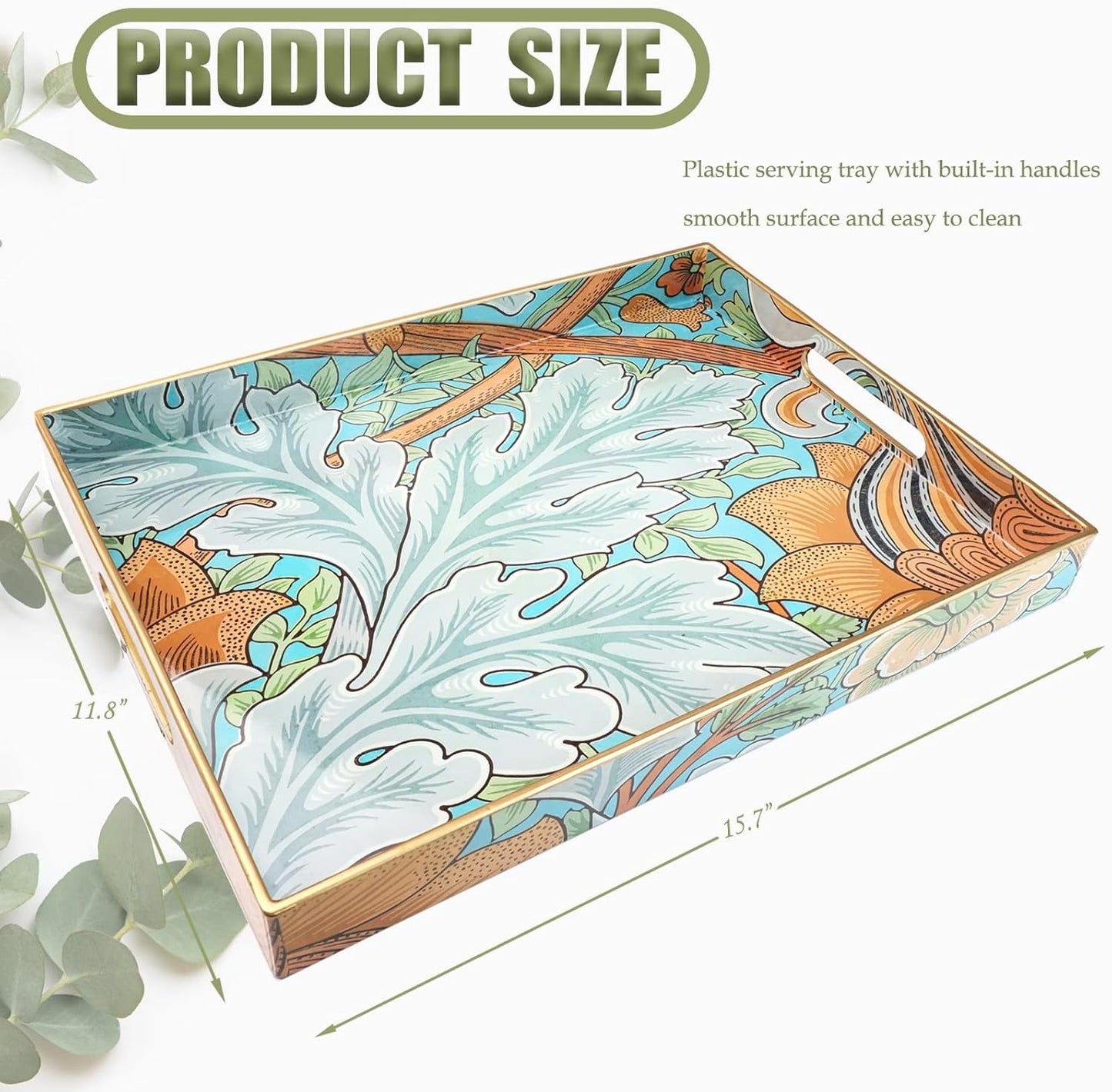 Spsyrine Serving Tray with Handles, Plastic Decorative Tray for Coffee Table, Living Room, Home Decor, Dianthus