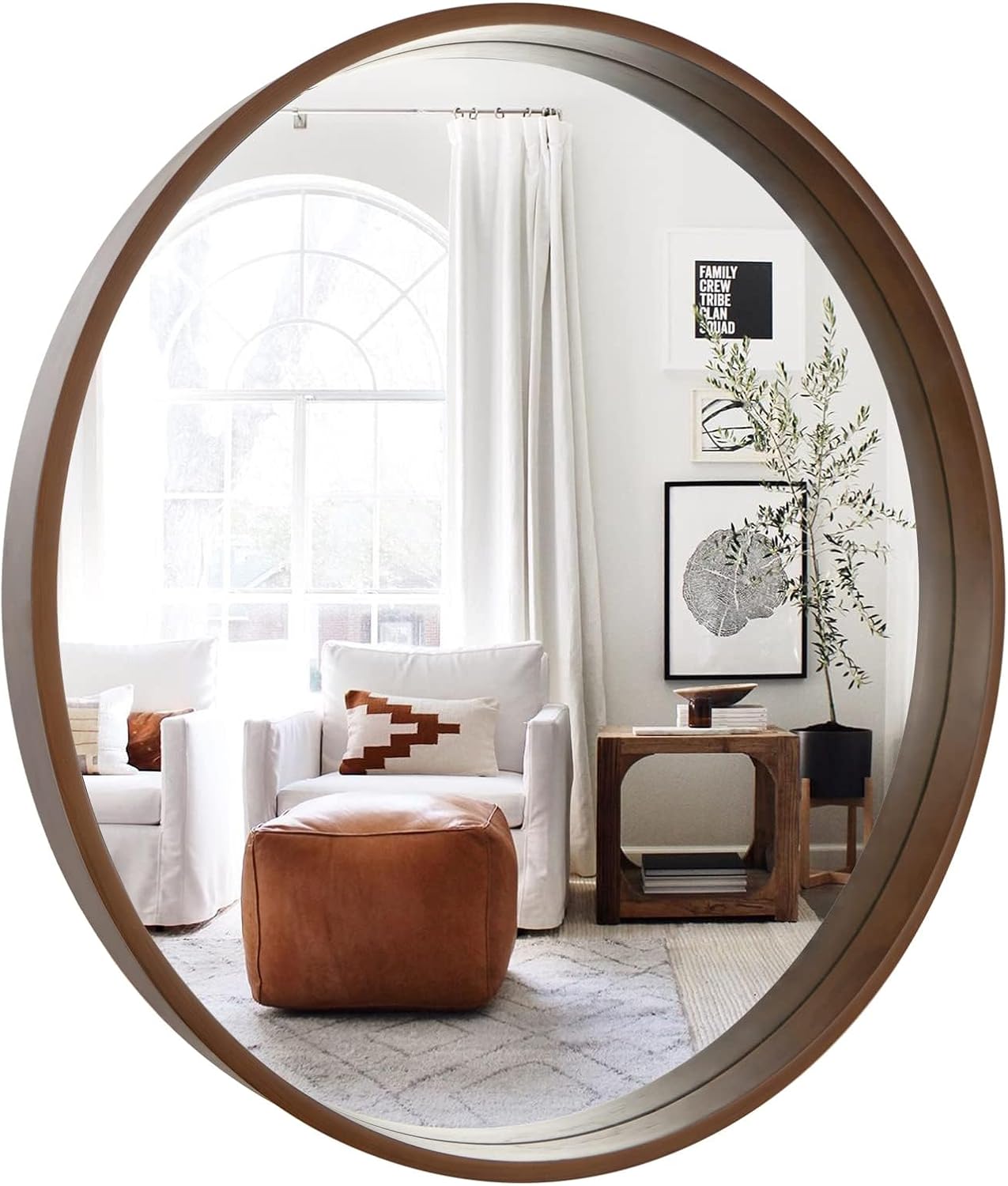 WallBeyond Wood Round Mirror with Wood Frame 24 inch Circle Wall Mirror for Bathroom Round Wall Mirror for Wall Decor, Vanity, Entryway Living Room (Walnut)