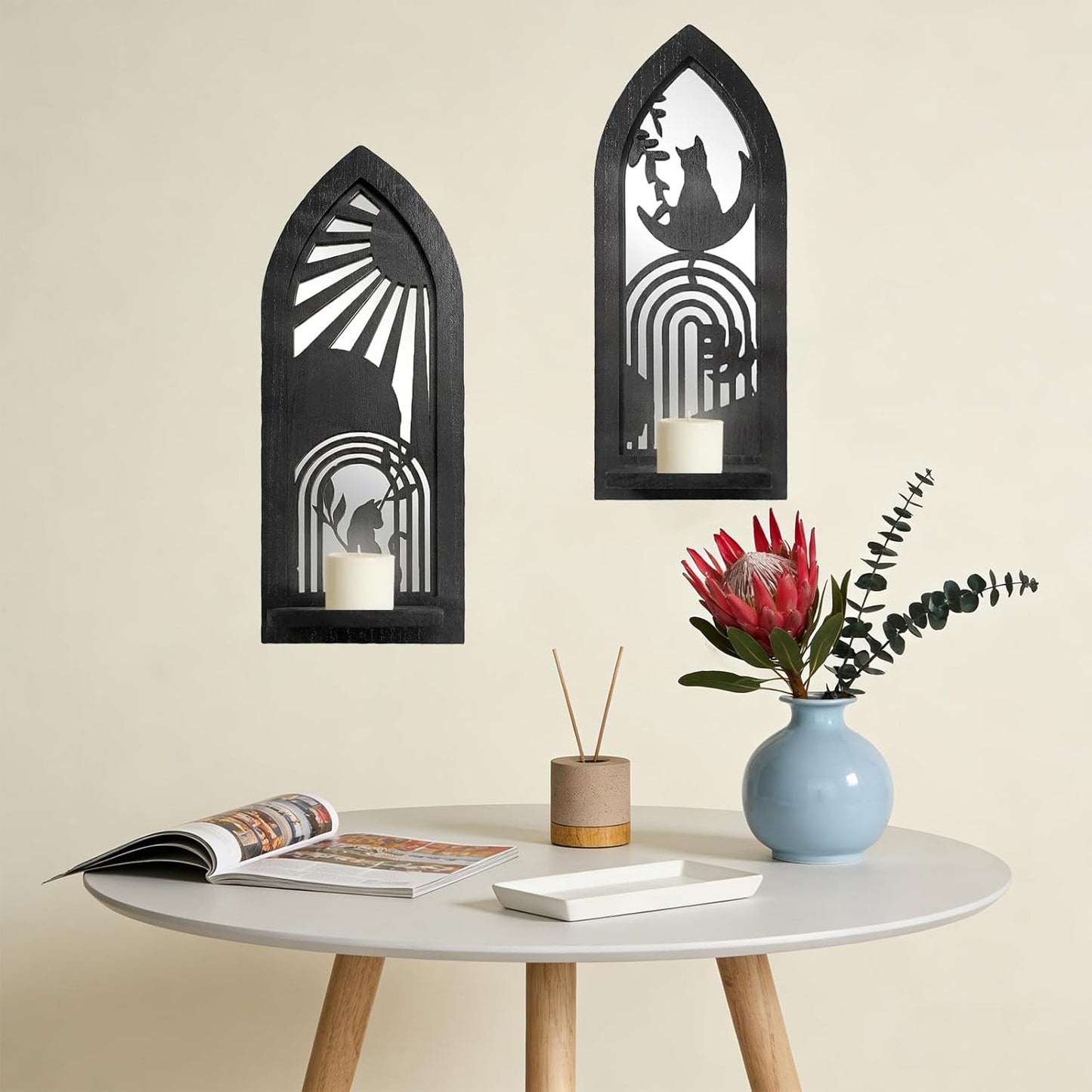 Wood Wall Sconce Candle Holder Set 2, Rustic Wall-Mount Candle Holders, Farmhouse Hanging Wall Décor, Carved Wood Frame, Mirrored Candle Holder (Distressed White)