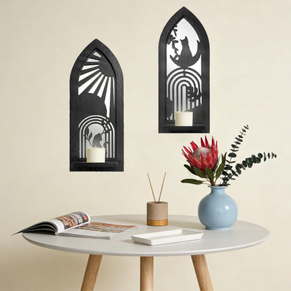 Wood Wall Sconce Candle Holder Set 2, Rustic Wall-Mount Candle Holders, Farmhouse Hanging Wall Décor, Carved Wood Frame, Mirrored Candle Holder (Distressed White)