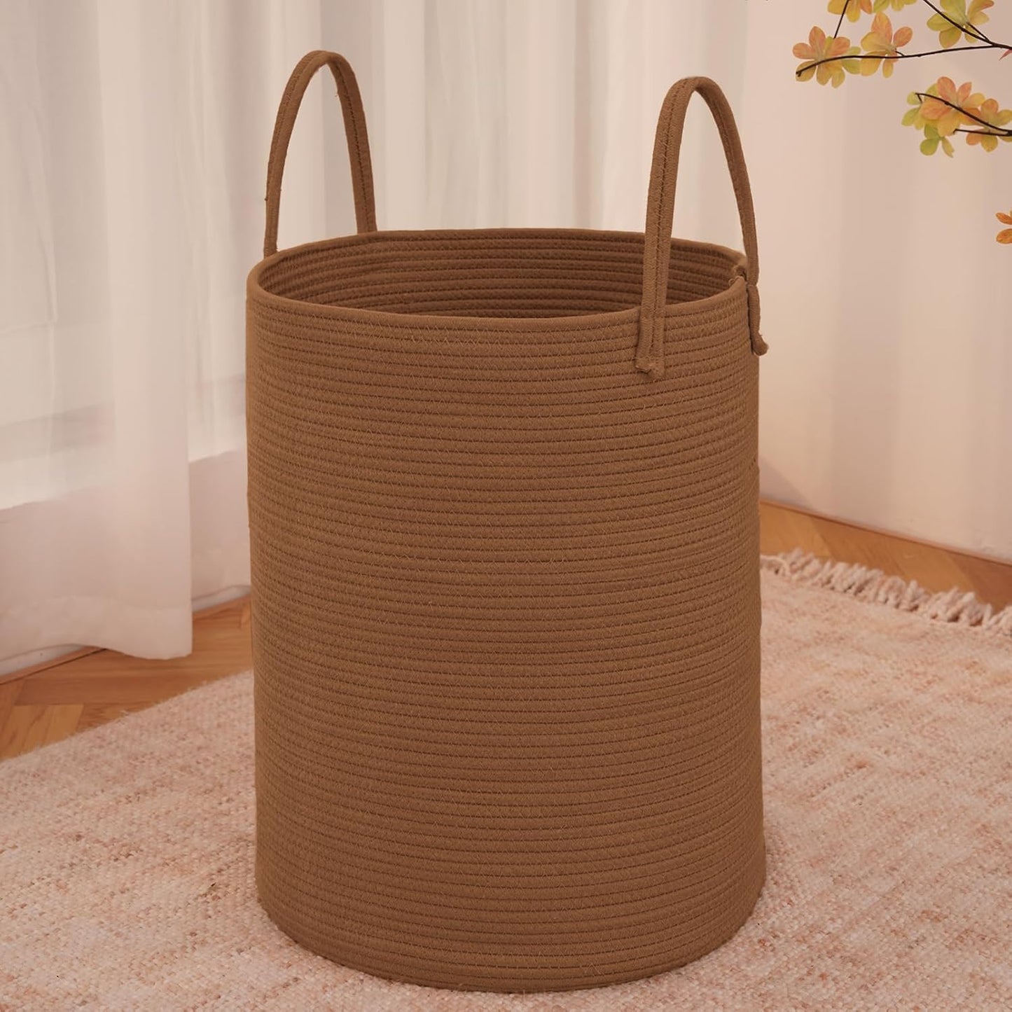 JMvicyroam Large Woven Laundry Basket Hamper,60L Cotton Rope Storage Bin for Blankets,Toys and Clothes,Decorative Tall Nursery Hamper for Living Room,Baby Nursery,Bathroom and Bedroom,Brown