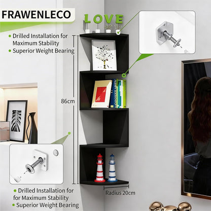 No-Drill Corner Shelf Wall Mount, 5-Tier Floating Corner Bookshelf with Hooks, Space-Saving Zigzag Plant Shelf for Bedroom, Living Room, Bathroom, Home Office