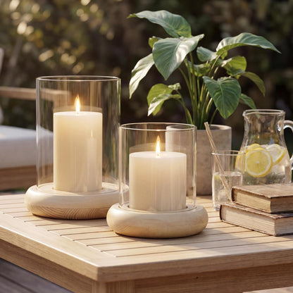 Set of 2 Black Hurricane Candle Holders with Wood Base, Modern Windproof Glass Cylinder Lantern, Farmhouse Pillar Candle Holder Decor for Table Centerpieces, Living Room, Patio & Kitchen Dining
