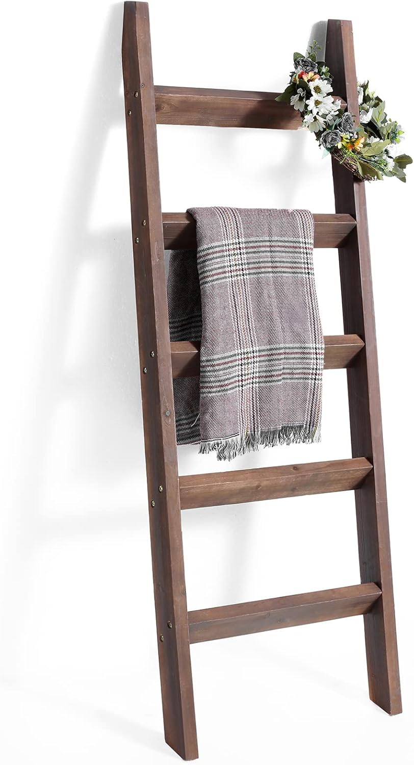 FUIN 5ft (58") Wood Blanket Ladder Living Room Decorative Wall Leaning Farmhouse Quilt Display Holder Storage Rustic Wooden Towel Rack for Bathroom, Brown