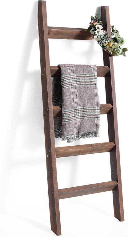 FUIN 5ft (58") Wood Blanket Ladder Living Room Decorative Wall Leaning Farmhouse Quilt Display Holder Storage Rustic Wooden Towel Rack for Bathroom, Brown