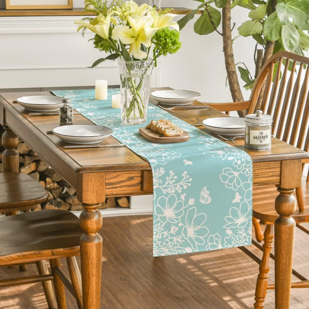 Artoid Mode Pink Bloom Flowers Butterfly Spring Table Runner, Seasonal Holiday Kitchen Dining Table Decoration for Home Party Indoor 13x72 Inch